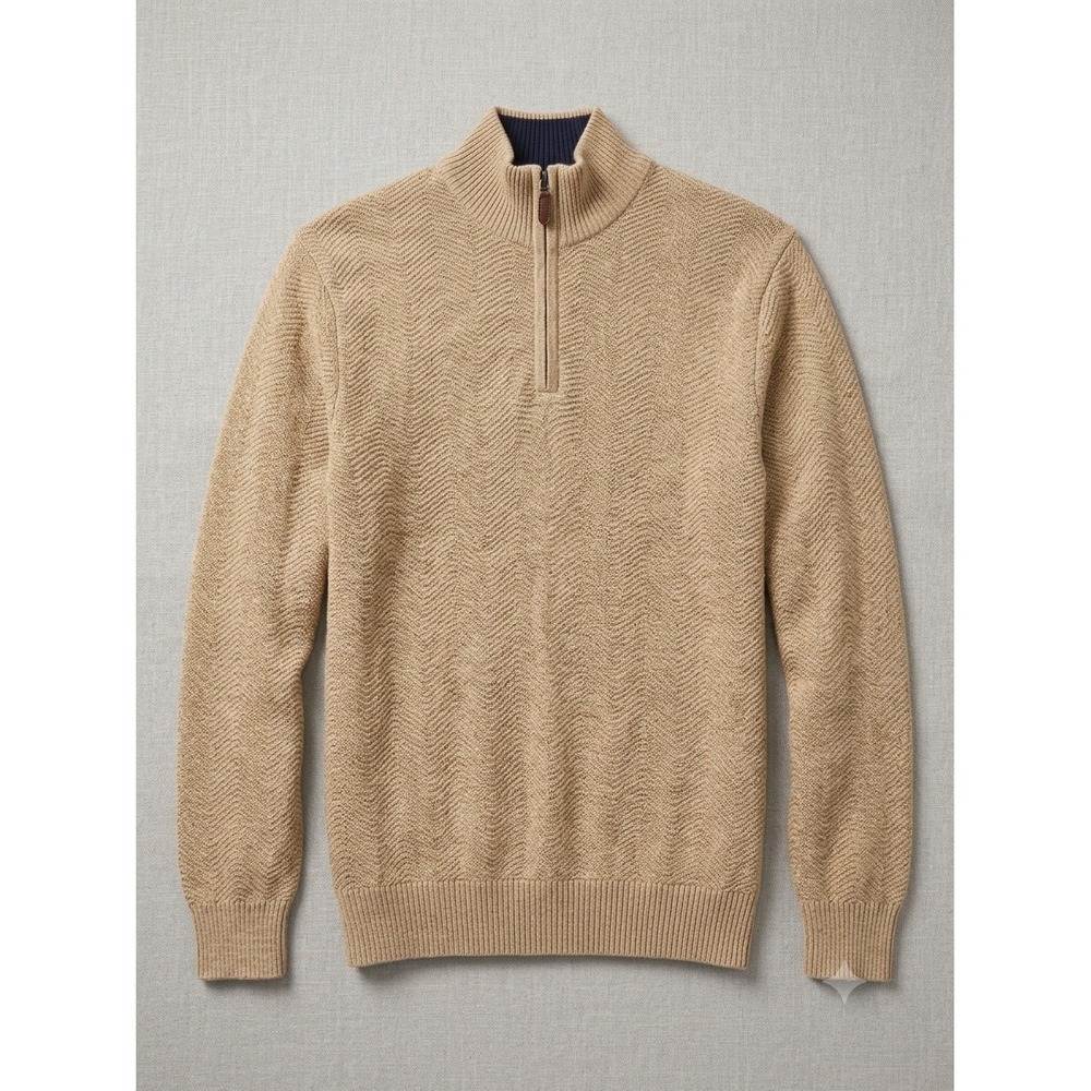 Club Room Mens Quarter Zip Cotton Sweater Toast Heather Tan Mock Neck Medium